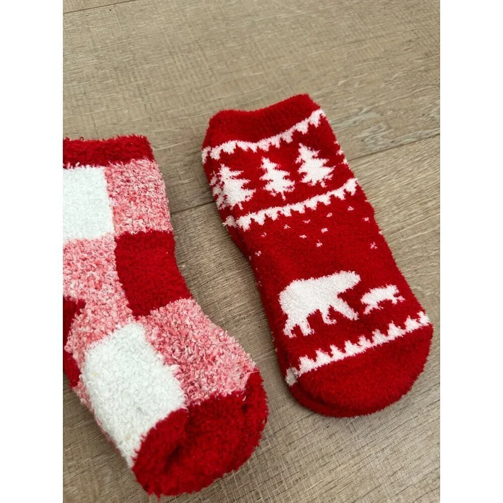 Cozy Red & White Fuzzy Winter Socks With Bear & Tree Pattern